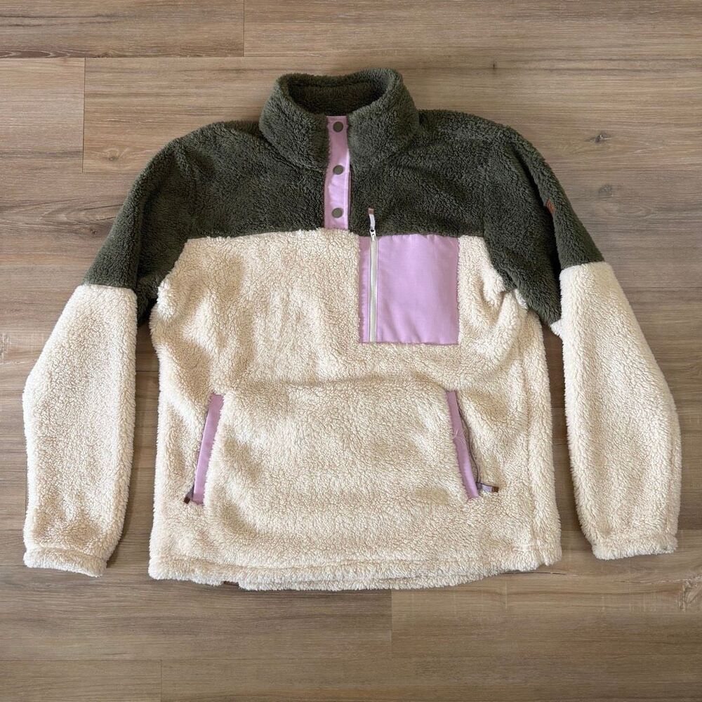 Roxy Women’s Alabama WarmFlight Sherpa Pullover Green Pink Fleece Jacket Size XL